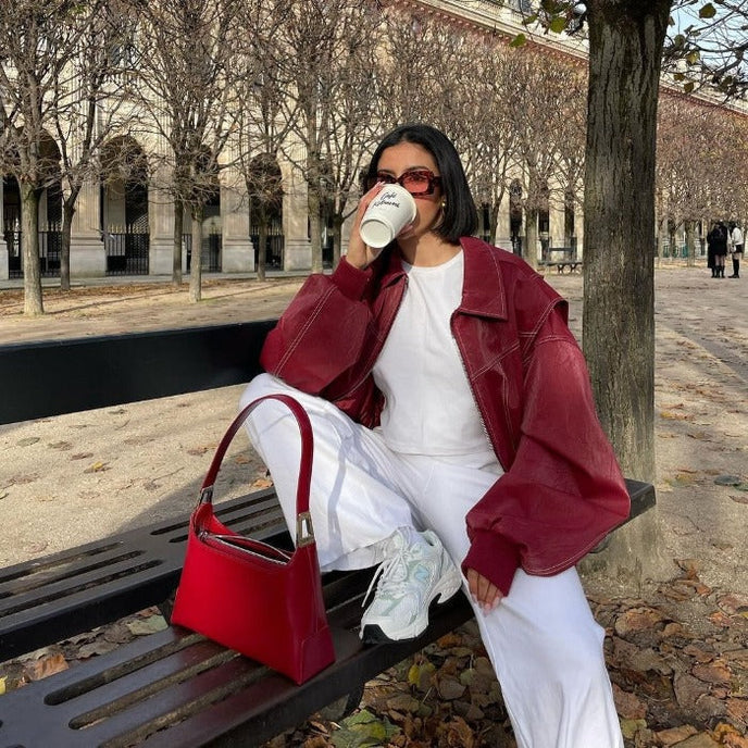 Agnes | Chaqueta Bomber De Cuero Oversize Con Costuras Contrastantes