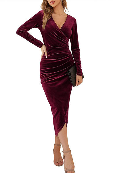 Elena | Vestido Envolvente De Terciopelo Elegante Con Escote En V Y Mangas Largas