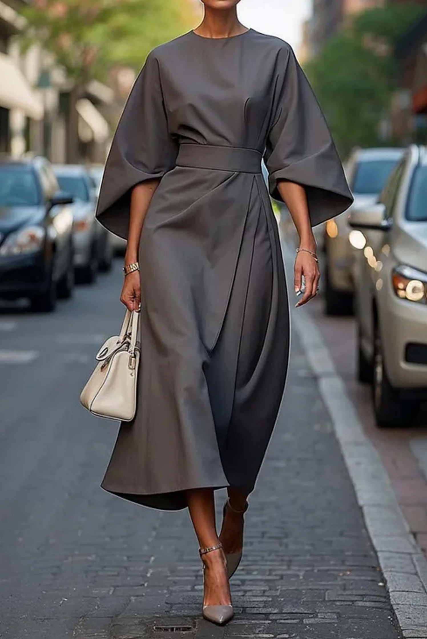 Sofía | Vestido Elegante Con Mangas Farol Y Cinturón