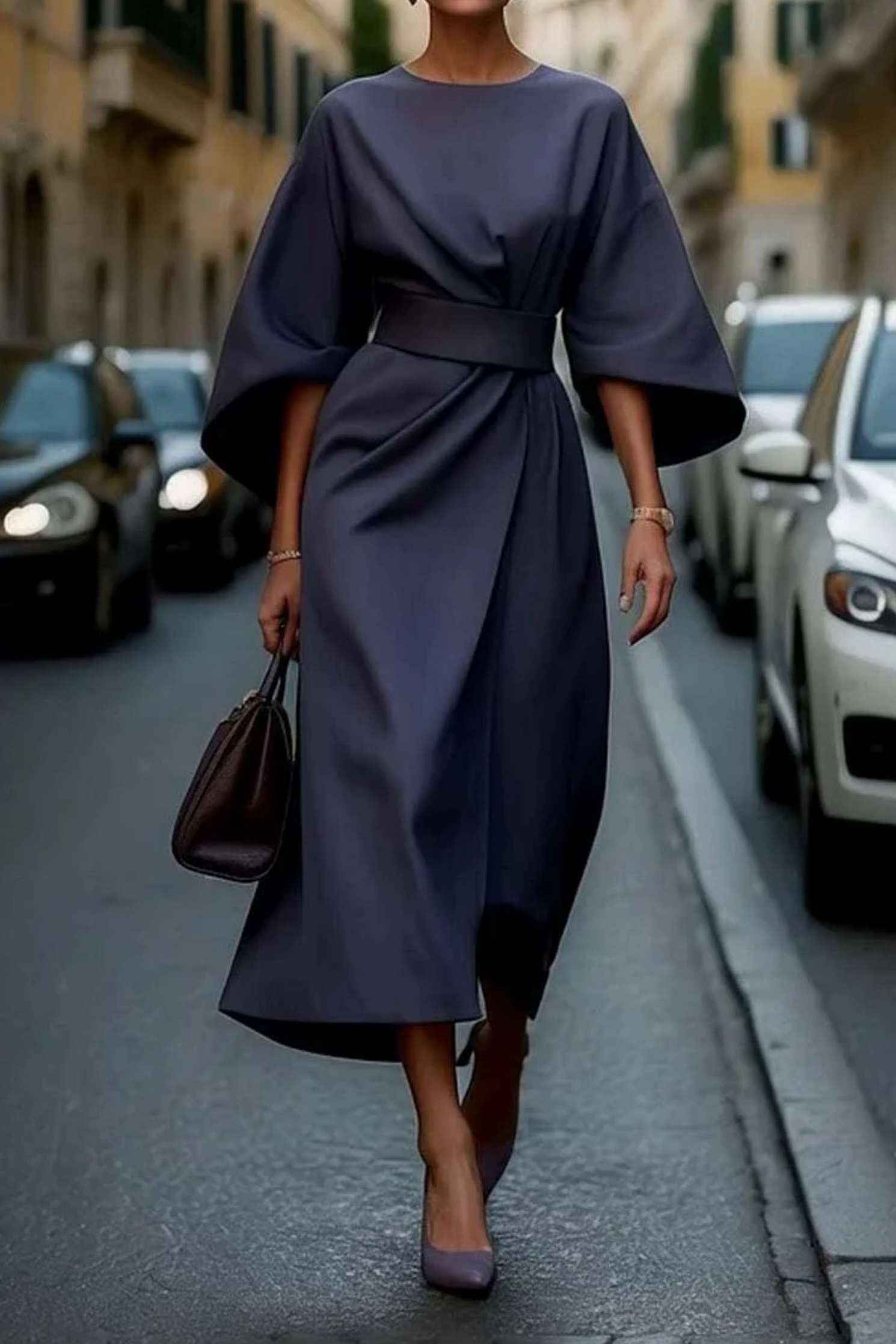 Sofía | Vestido Elegante Con Mangas Farol Y Cinturón