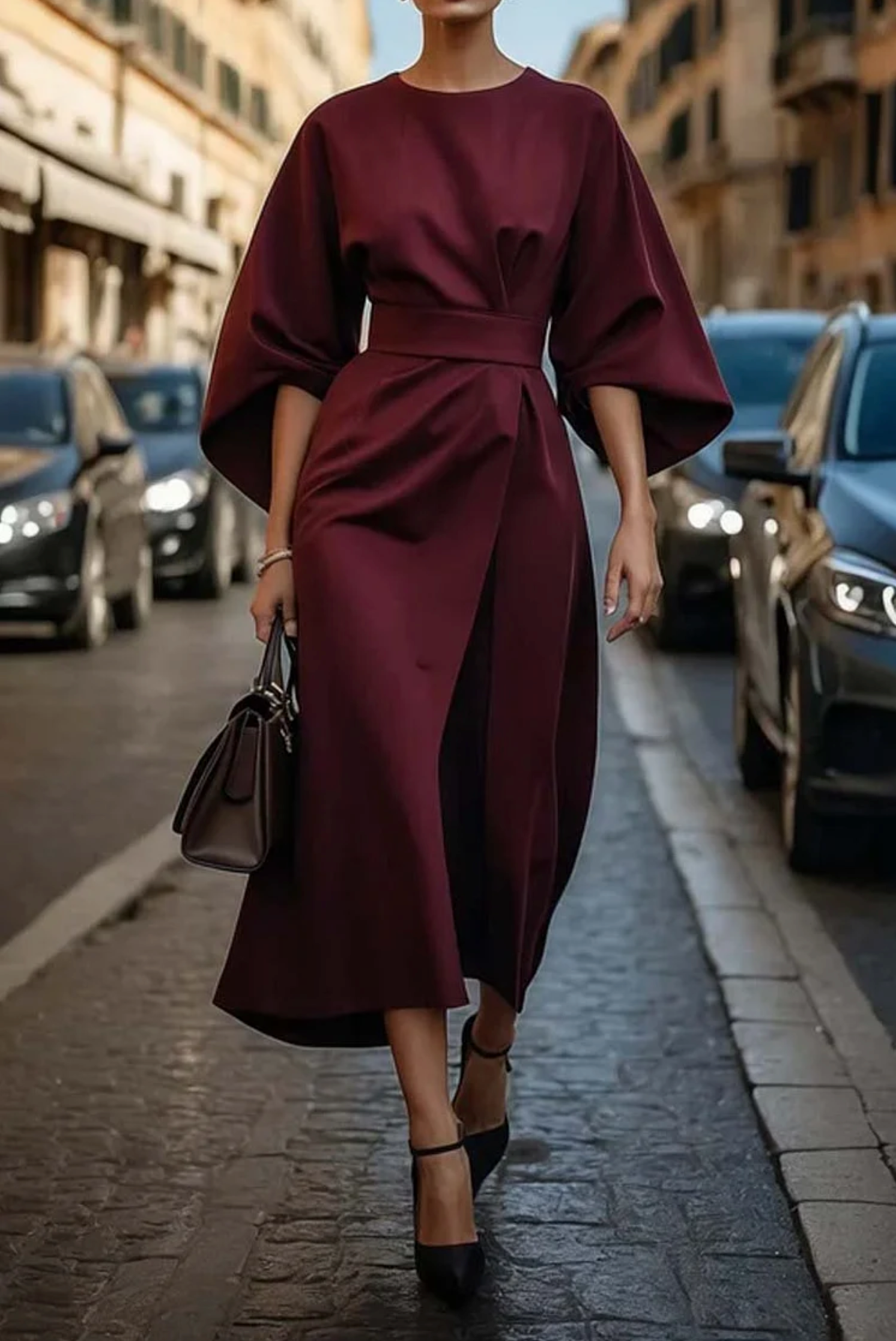 Sofía | Vestido Elegante Con Mangas Farol Y Cinturón