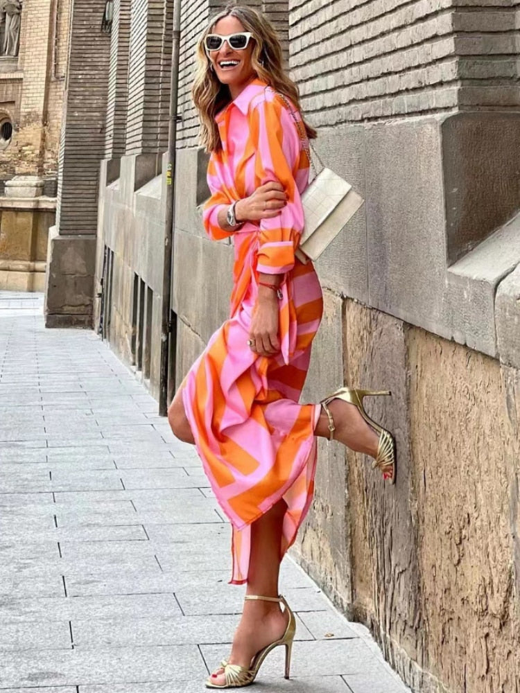 Clarissa | Vestido Camisero Midi Elegante A Rayas
