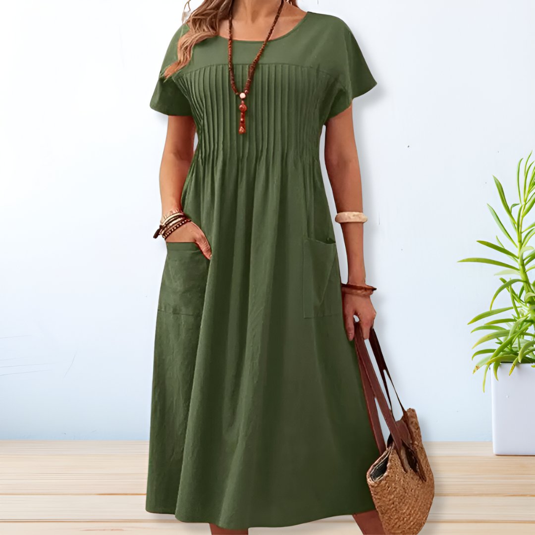 Maia | Vestido Largo De Verano Con Pliegues Y Mangas Cortas