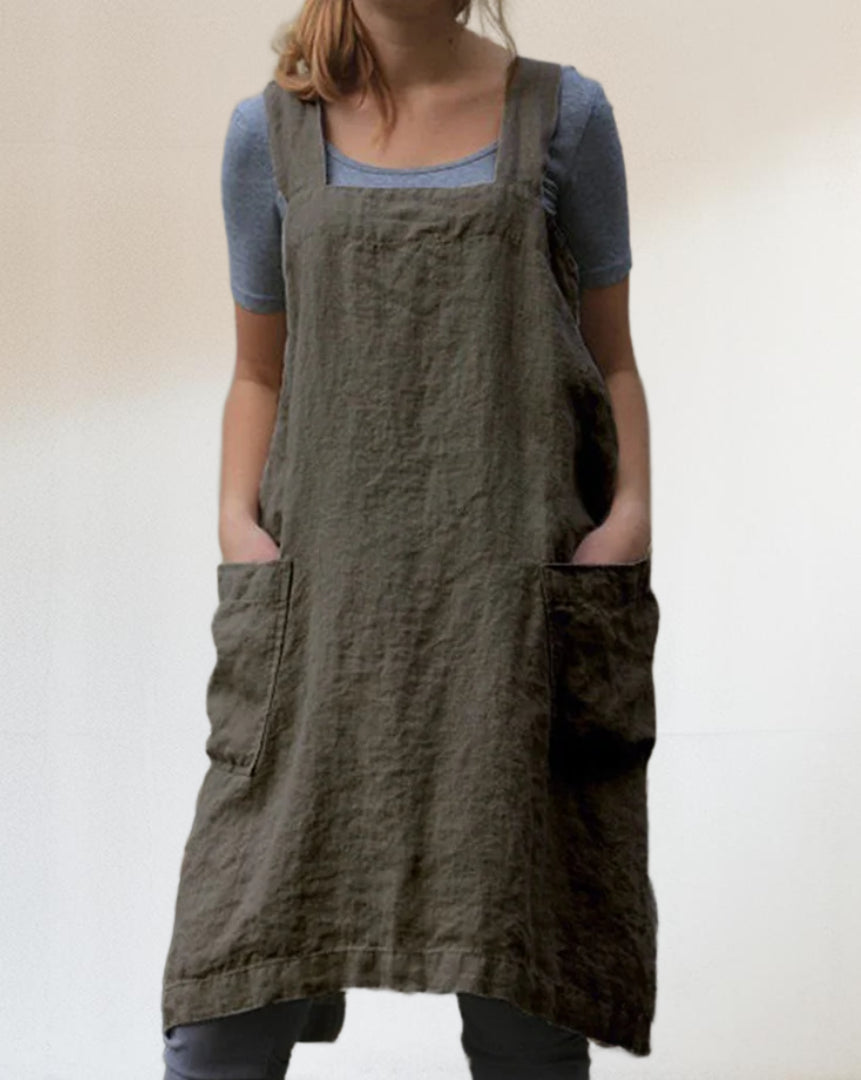 Clara | Vestido Delantal de Algodón y Lino con Bolsillos