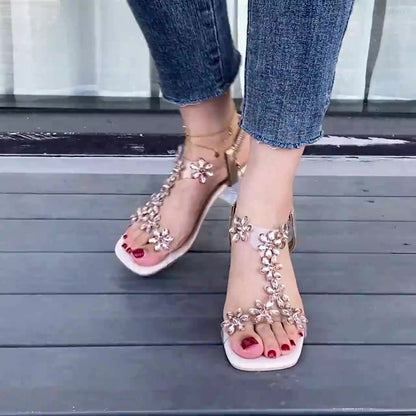 Clara | Sandalias De Tacón Ancho Con Flor Y Pedrería