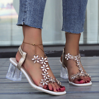 Clara | Sandalias De Tacón Ancho Con Flor Y Pedrería