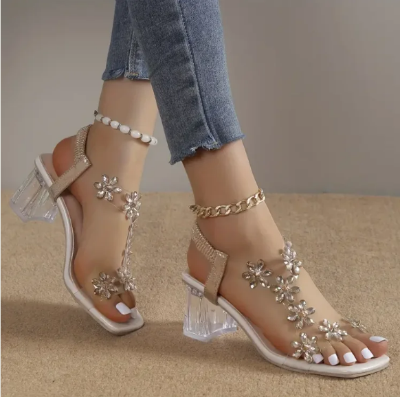 Clara | Sandalias De Tacón Ancho Con Flor Y Pedrería