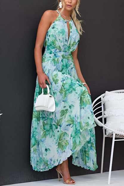 Elara Floralista | Vestido Maxi Halter Con Pliegues Y Estampado Floral Para Mujer