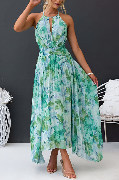Elara Floralista | Vestido Maxi Halter Con Pliegues Y Estampado Floral Para Mujer