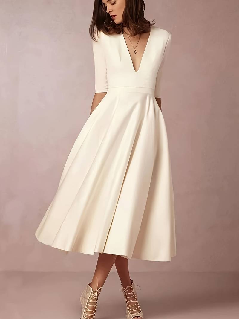 Lucía | Vestido Midi De Mujer Con Cuello En V Y Corte En A