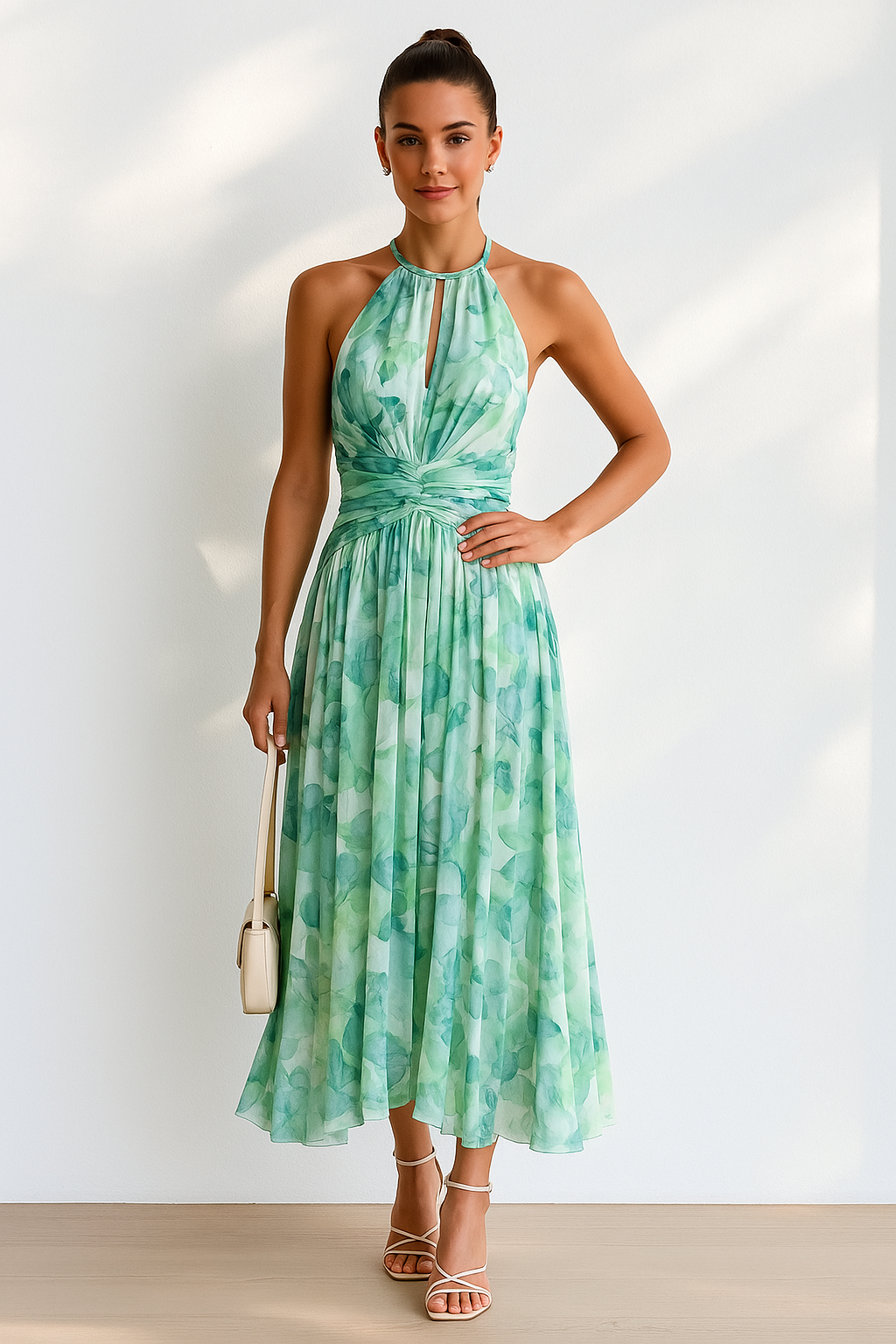 Elara Floralista | Vestido Maxi Halter Con Pliegues Y Estampado Floral Para Mujer