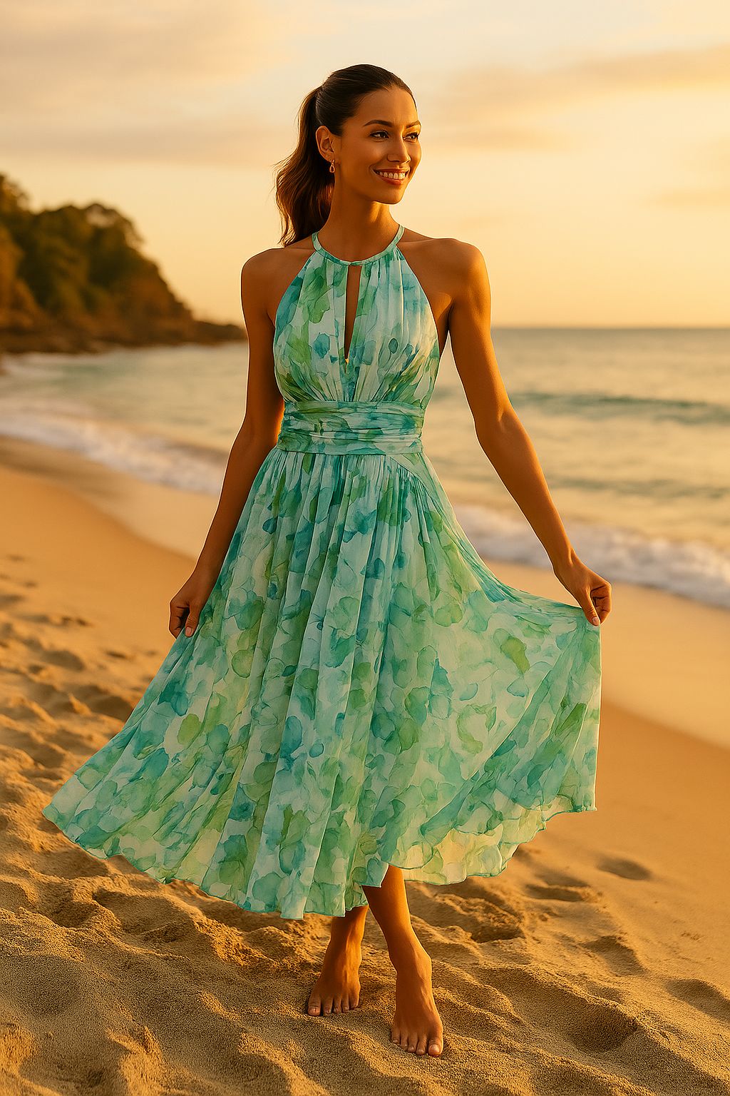 Elara Floralista | Vestido Maxi Halter Con Pliegues Y Estampado Floral Para Mujer