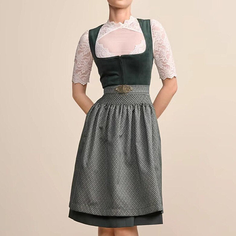 Elena | Dirndl Verde Oscuro con Delantal Elegante