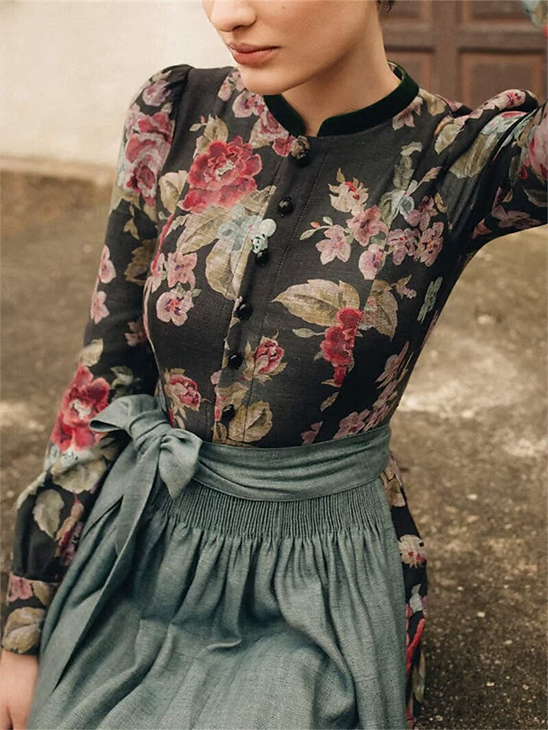 Sofía | Dirndl Vintage Negro con Flores y Delantal Tradicional