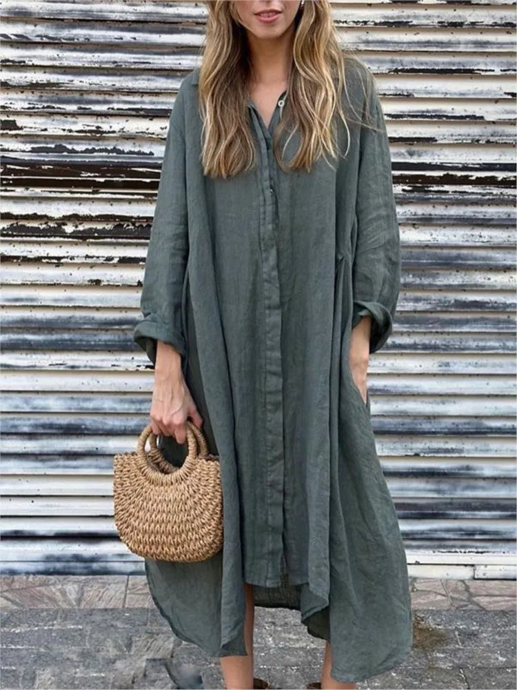 Elena | Vestido Camisero Holgado De Manga Larga De Cáñamo Y Algodón