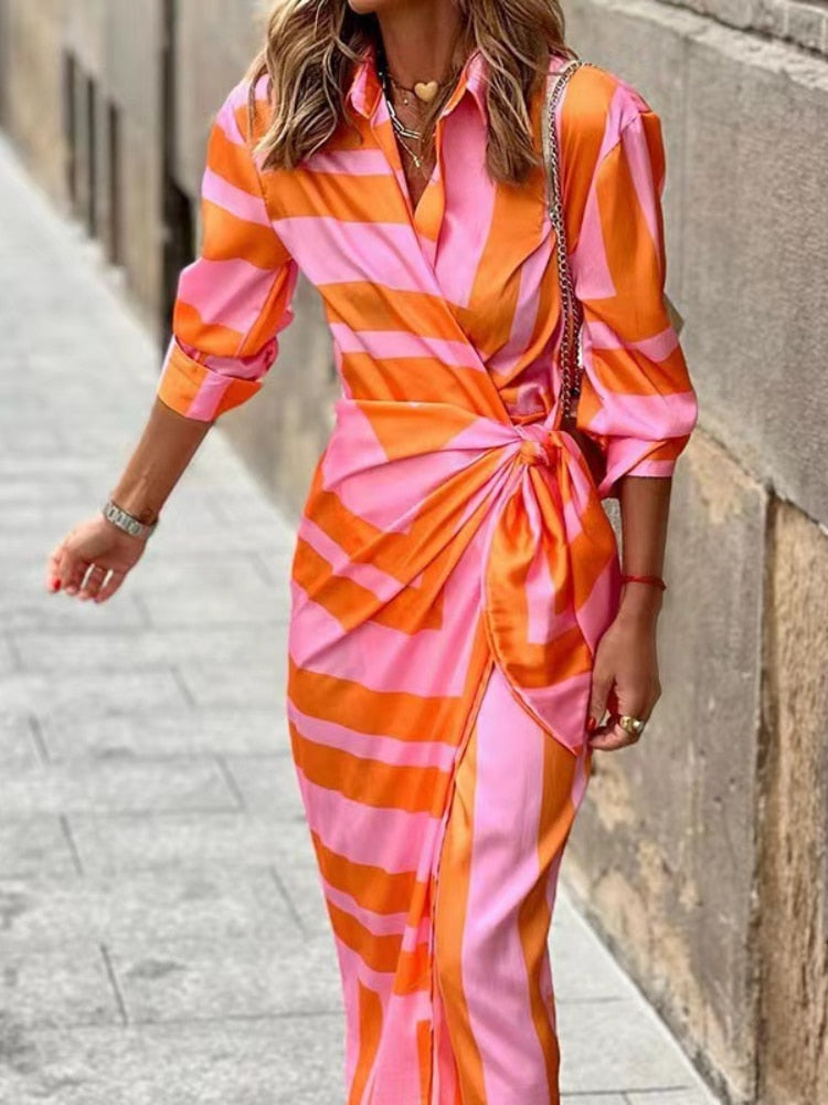 Clarissa | Vestido Camisero Midi Elegante A Rayas