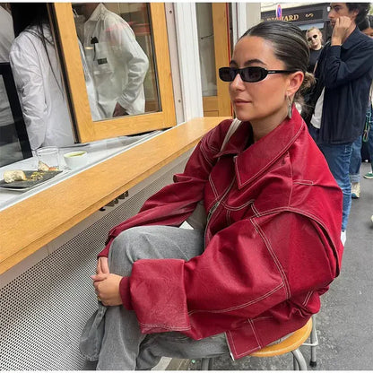 Agnes | Chaqueta Bomber De Cuero Oversize Con Costuras Contrastantes
