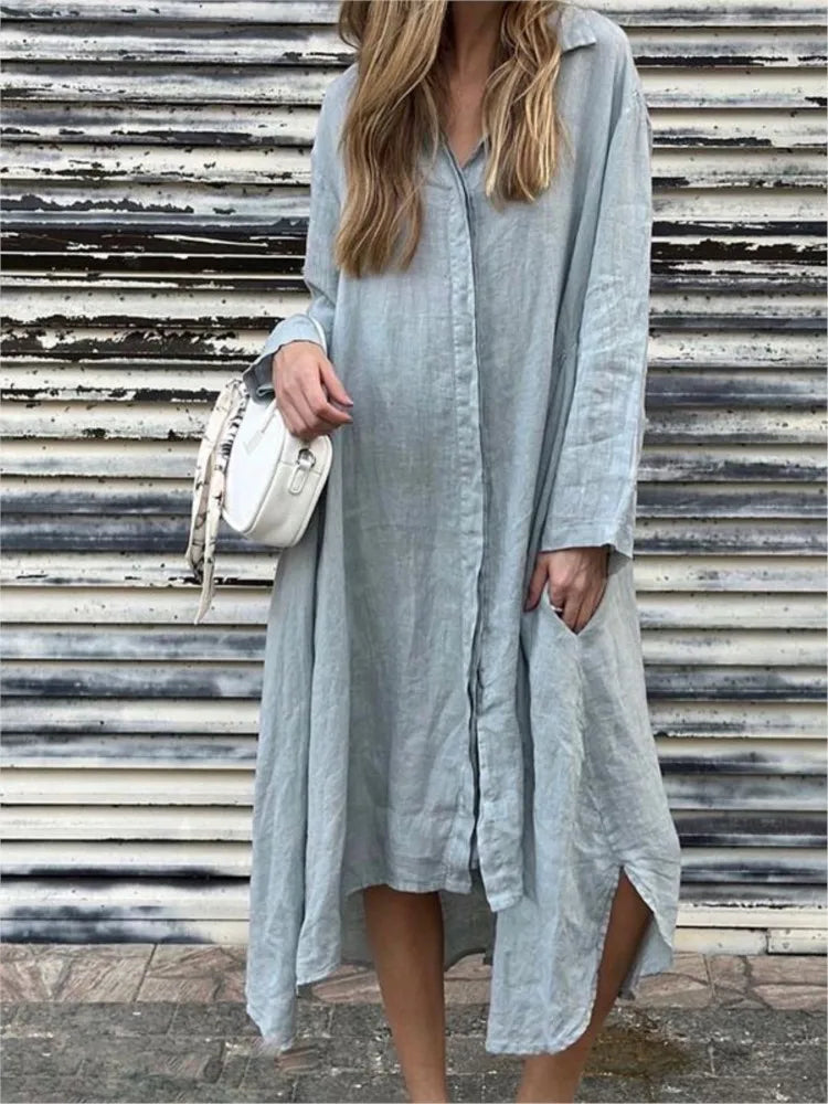 Elena | Vestido Camisero Holgado De Manga Larga De Cáñamo Y Algodón
