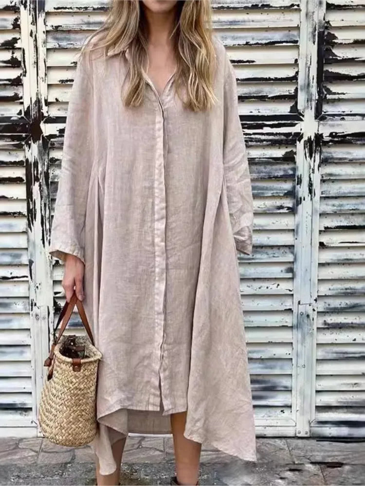 Elena | Vestido Camisero Holgado De Manga Larga De Cáñamo Y Algodón