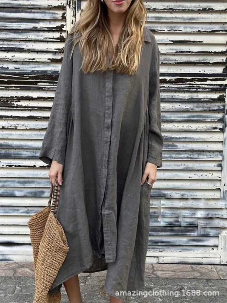 Elena | Vestido Camisero Holgado De Manga Larga De Cáñamo Y Algodón