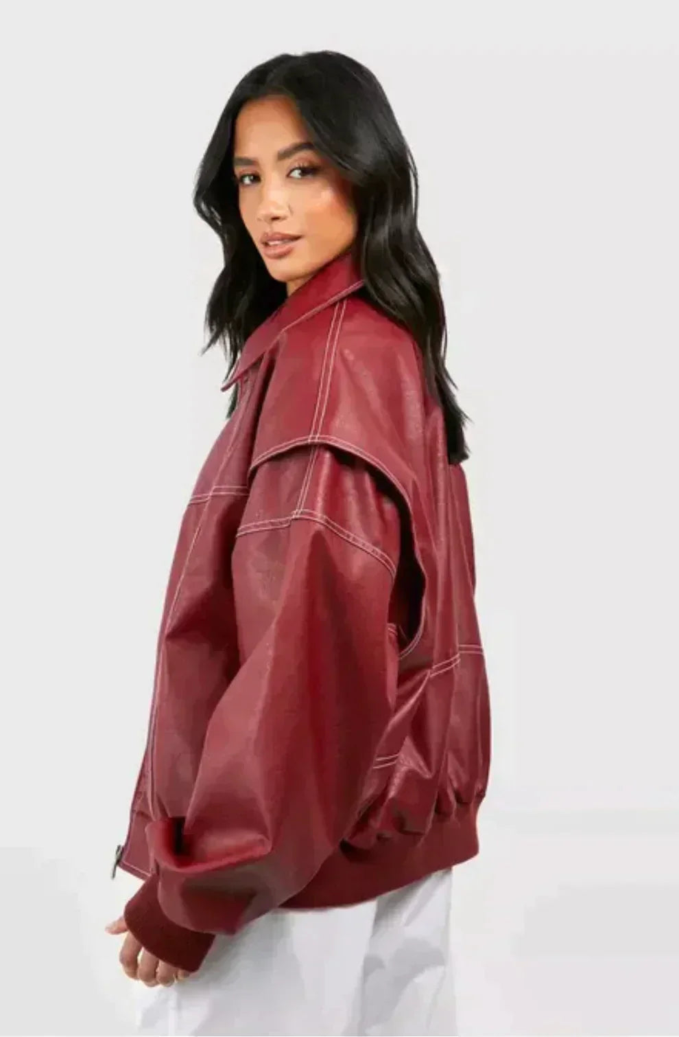 Agnes | Chaqueta Bomber De Cuero Oversize Con Costuras Contrastantes