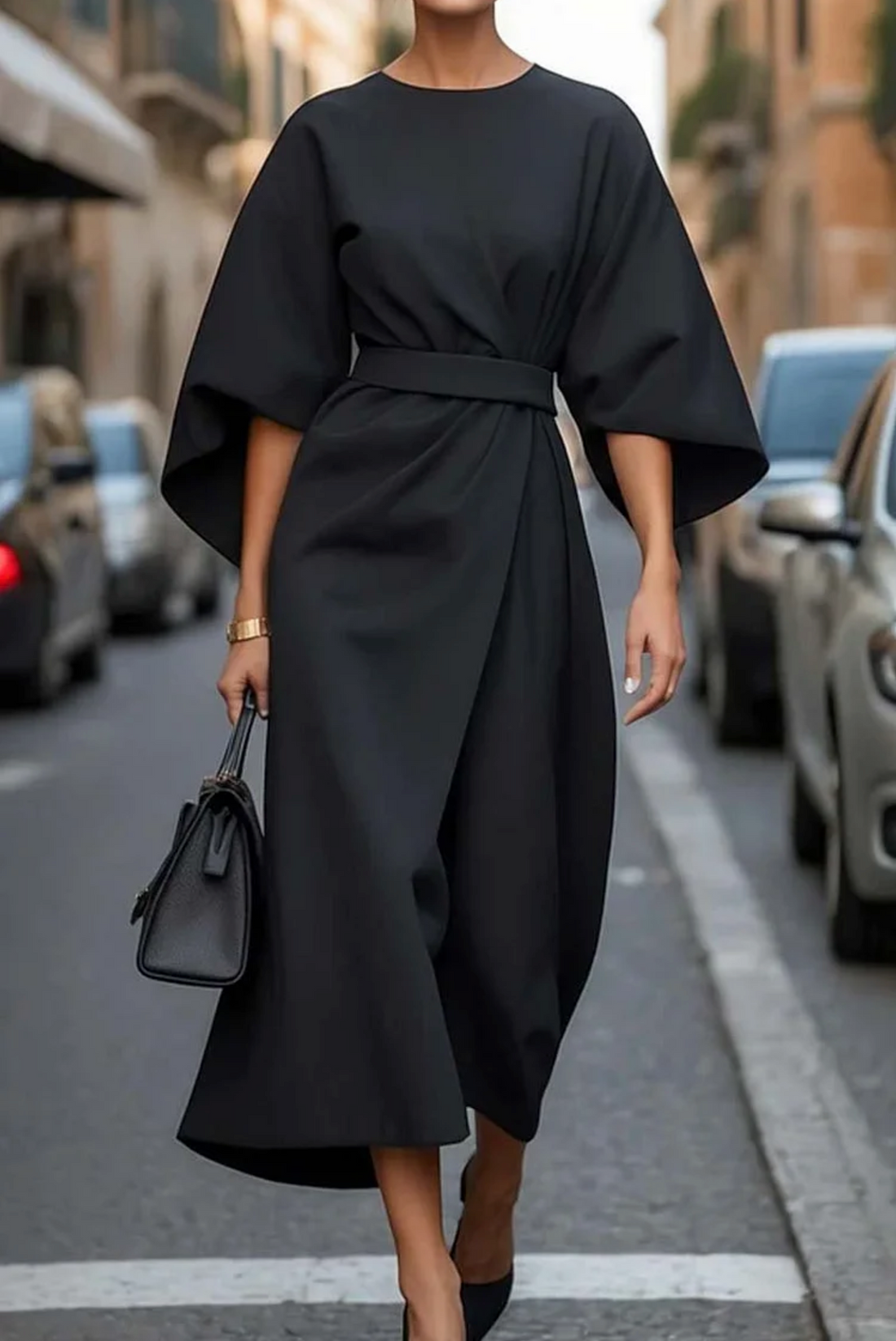 Sofía | Vestido Elegante Con Mangas Farol Y Cinturón