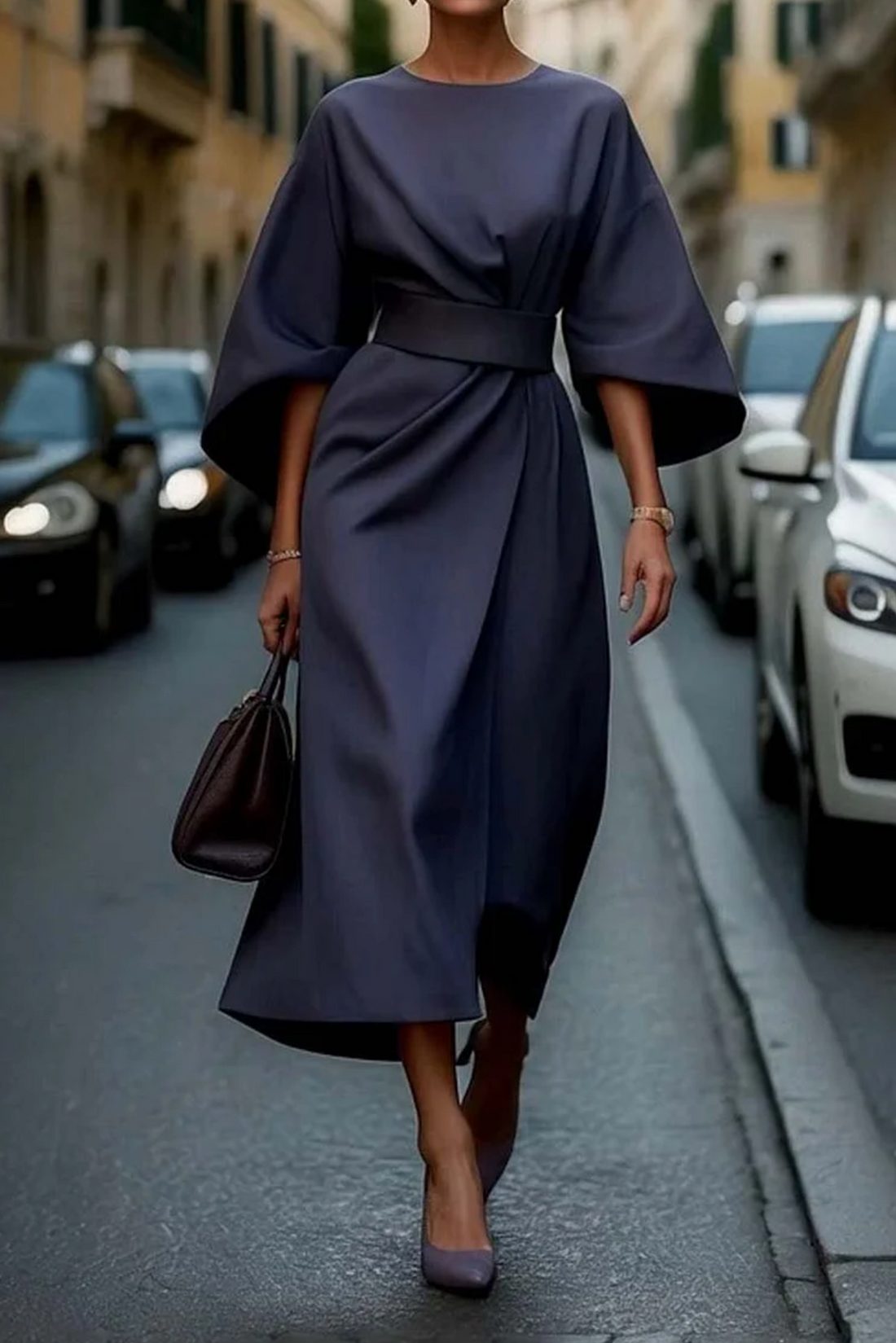 Sofía | Vestido Elegante Con Mangas Farol Y Cinturón