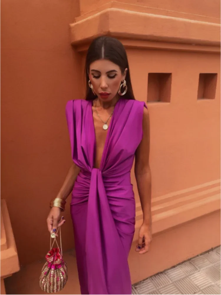 Lisette | Vestido Midi Elegante Con Plisados Y Escote Profundo Para Mujer