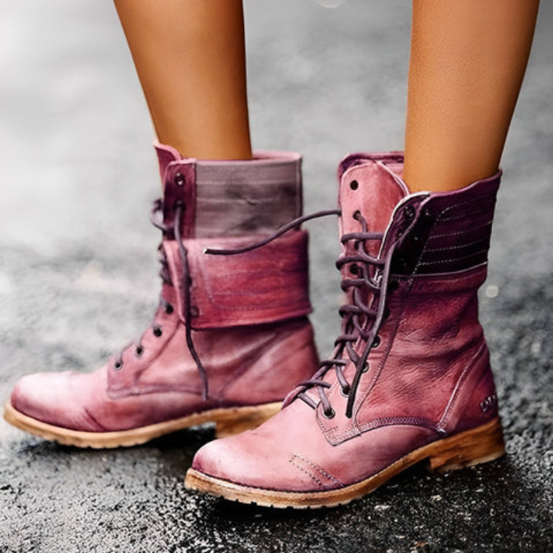Renata | Botas De Cuero Retro Vintage Con Cordones