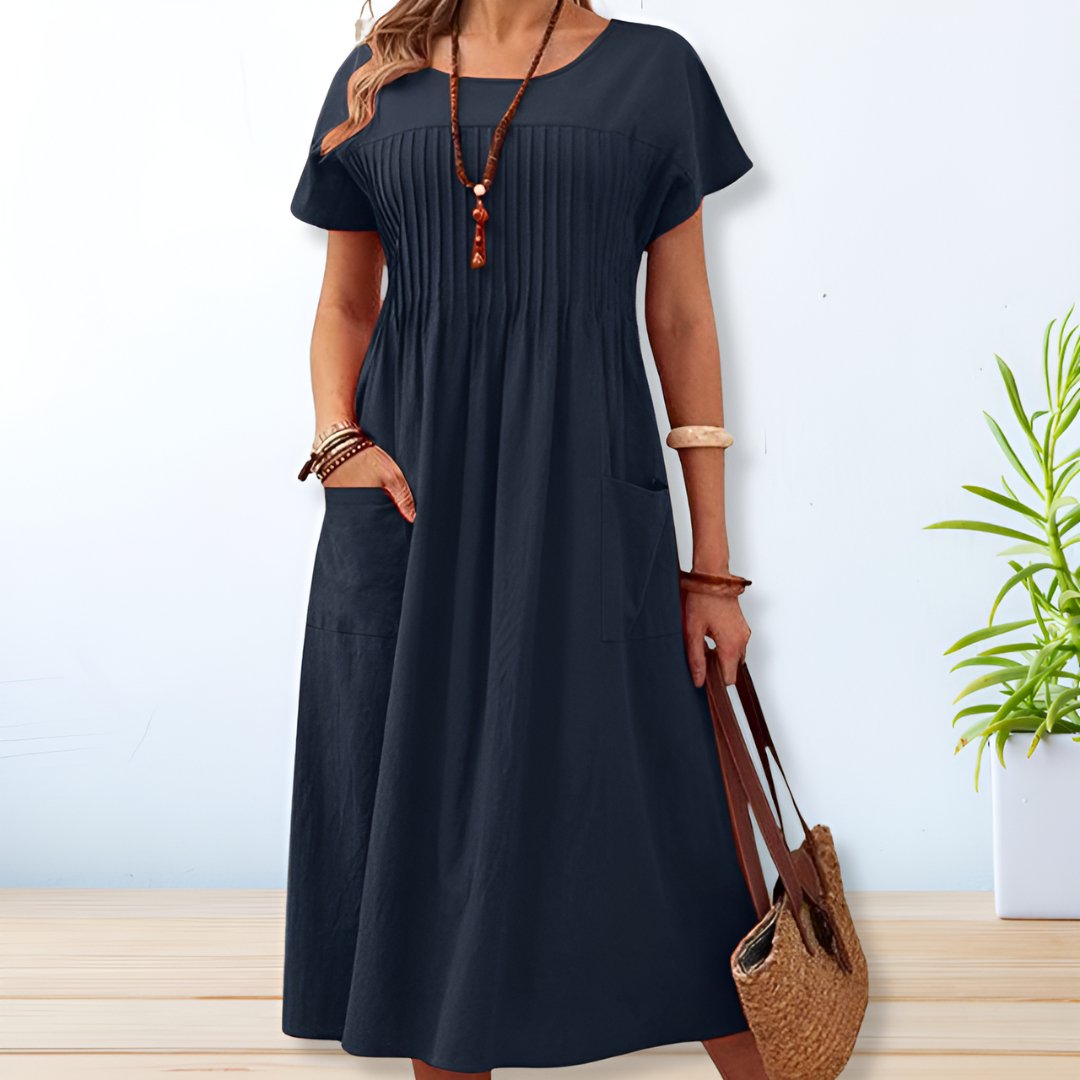 Maia | Vestido Largo De Verano Con Pliegues Y Mangas Cortas