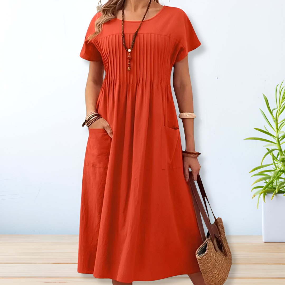 Maia | Vestido Largo De Verano Con Pliegues Y Mangas Cortas