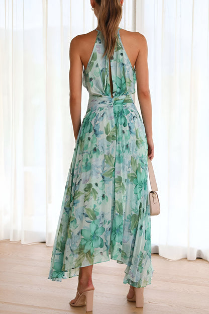 Elara Floralista | Vestido Maxi Halter Con Pliegues Y Estampado Floral Para Mujer