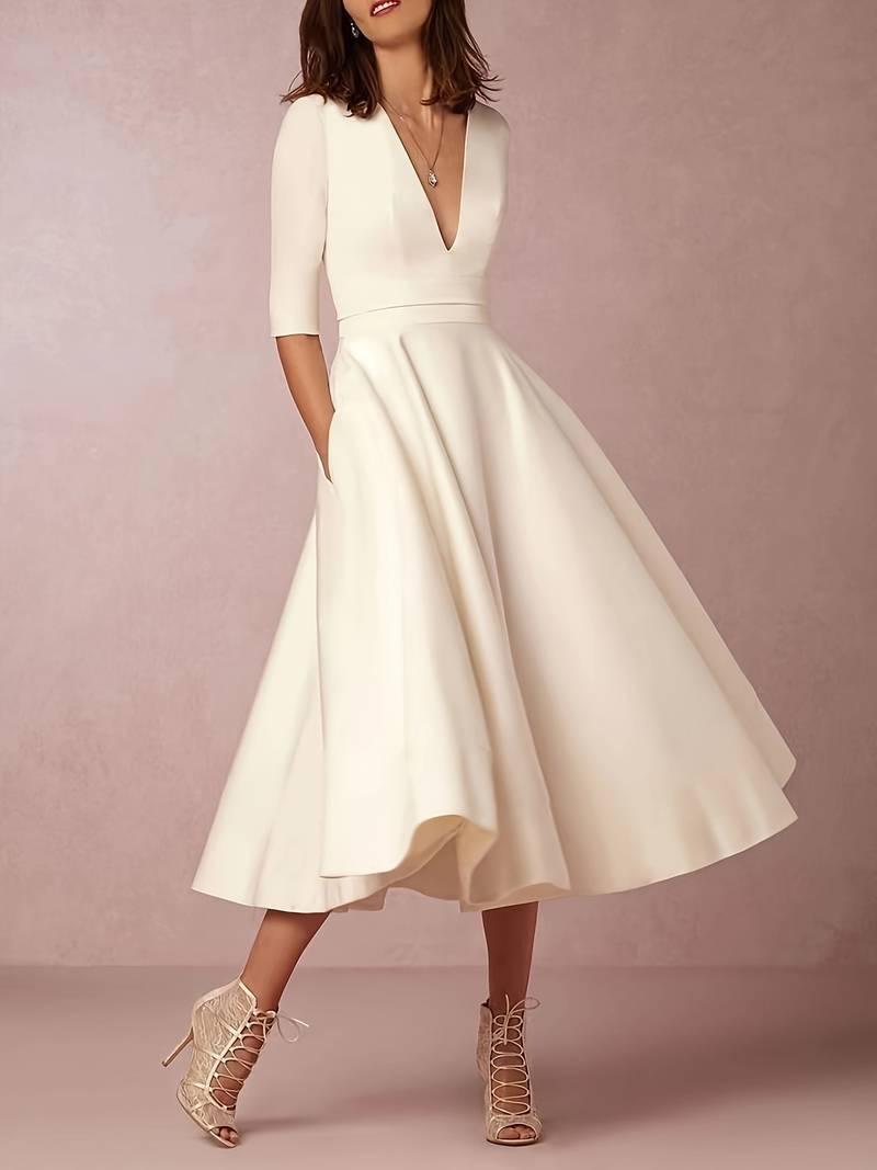 Lucía | Vestido Midi De Mujer Con Cuello En V Y Corte En A