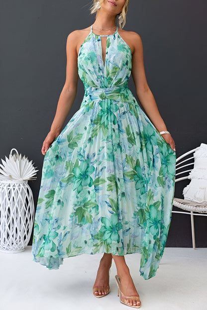 Elara Floralista | Vestido Maxi Halter Con Pliegues Y Estampado Floral Para Mujer