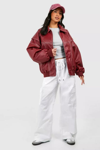 Agnes | Chaqueta Bomber De Cuero Oversize Con Costuras Contrastantes