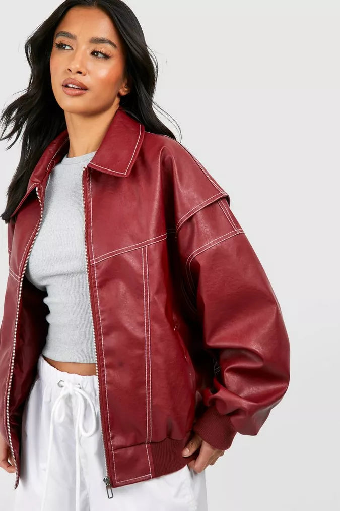 Agnes | Chaqueta Bomber De Cuero Oversize Con Costuras Contrastantes