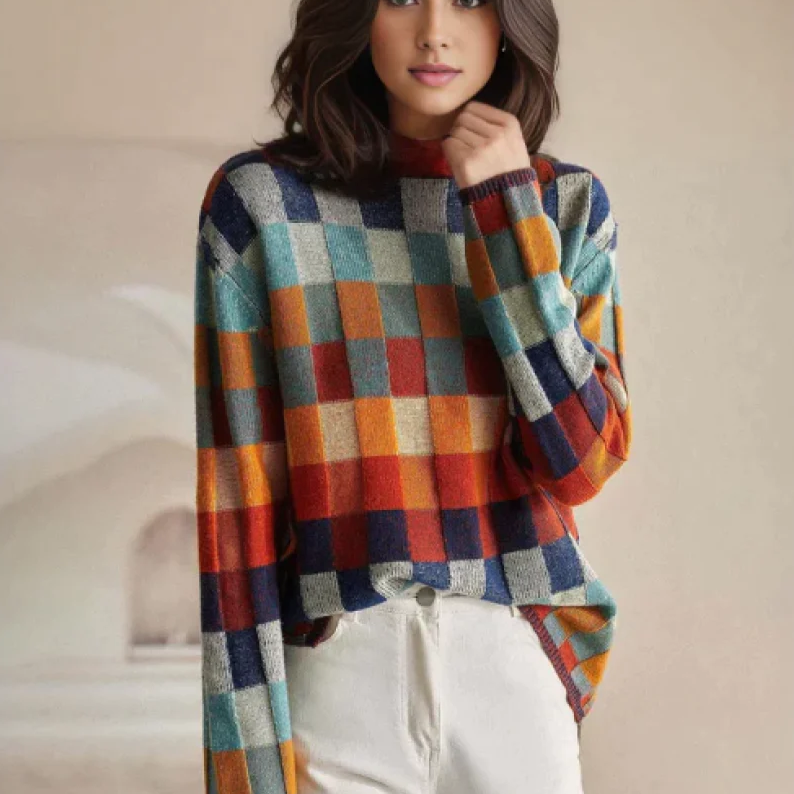 Pamela | Jersey De Cuello Alto Con Estilo Retro Y Detalle De Mosaicos