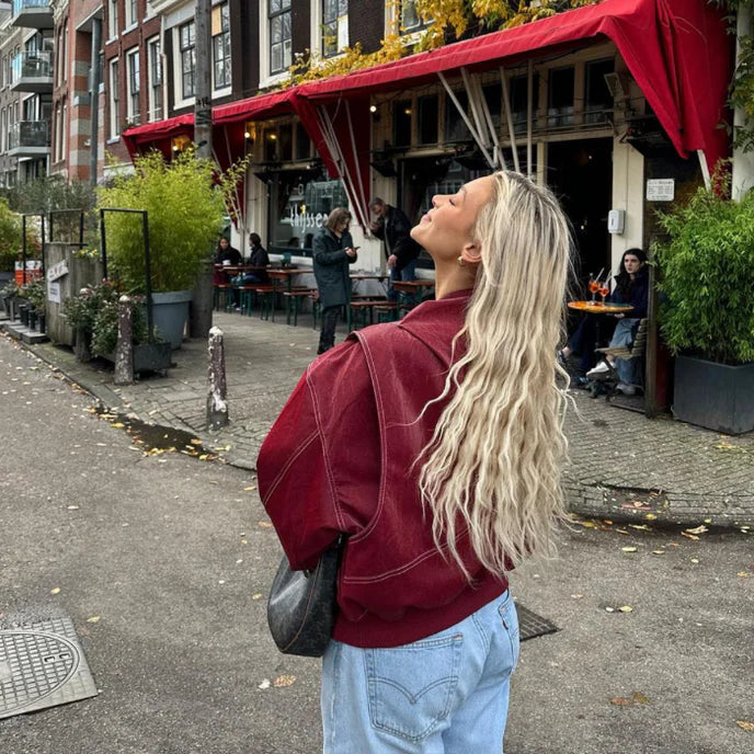 Agnes | Chaqueta Bomber De Cuero Oversize Con Costuras Contrastantes