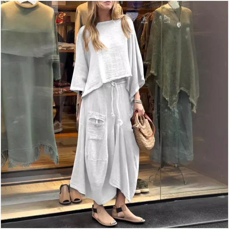 Elianne | Conjunto Femenino De Dos Piezas Con Top Suelto Y Falda Midi Elegante