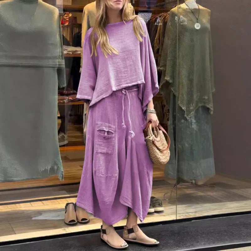 Elianne | Conjunto Femenino De Dos Piezas Con Top Suelto Y Falda Midi Elegante
