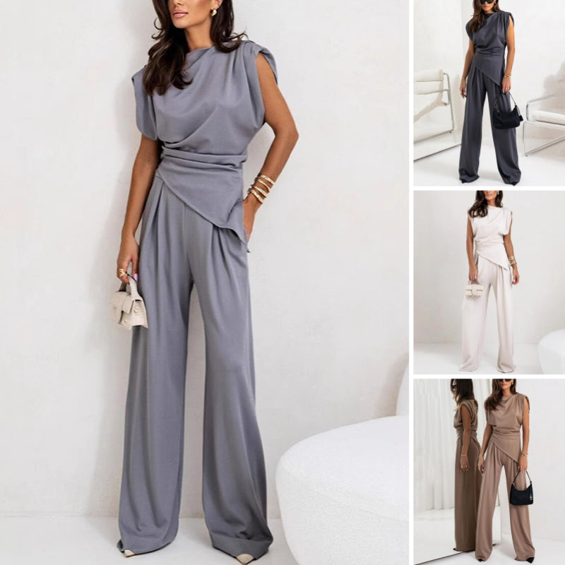 Lysandra | Conjunto Elegante De Mujer Con Drapeado Sofisticado Y Pantalones Fluidos